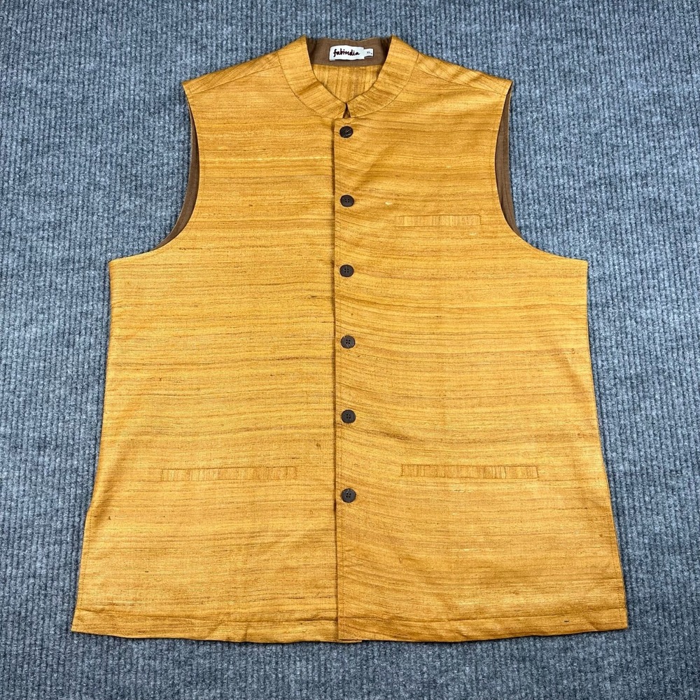 Fabindia Nehru Mens XL Silk Cotton Lined Vest Sleeveless Pockets Minimalist Chic